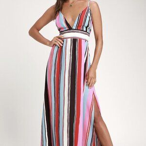 NWT Lulus Andi Pink and Light Blue Multi Stripe Sleeveless Maxi Dress